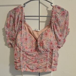 Pink Floral Puff-Sleeve Ruched Crop Top with Sweetheart Bust